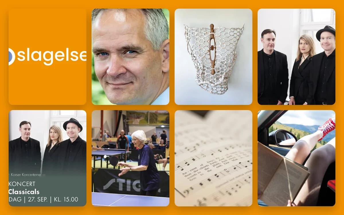 A collage showing portraits, an art object, a group photo, table tennis, sheet music, and a person reading in a car.
