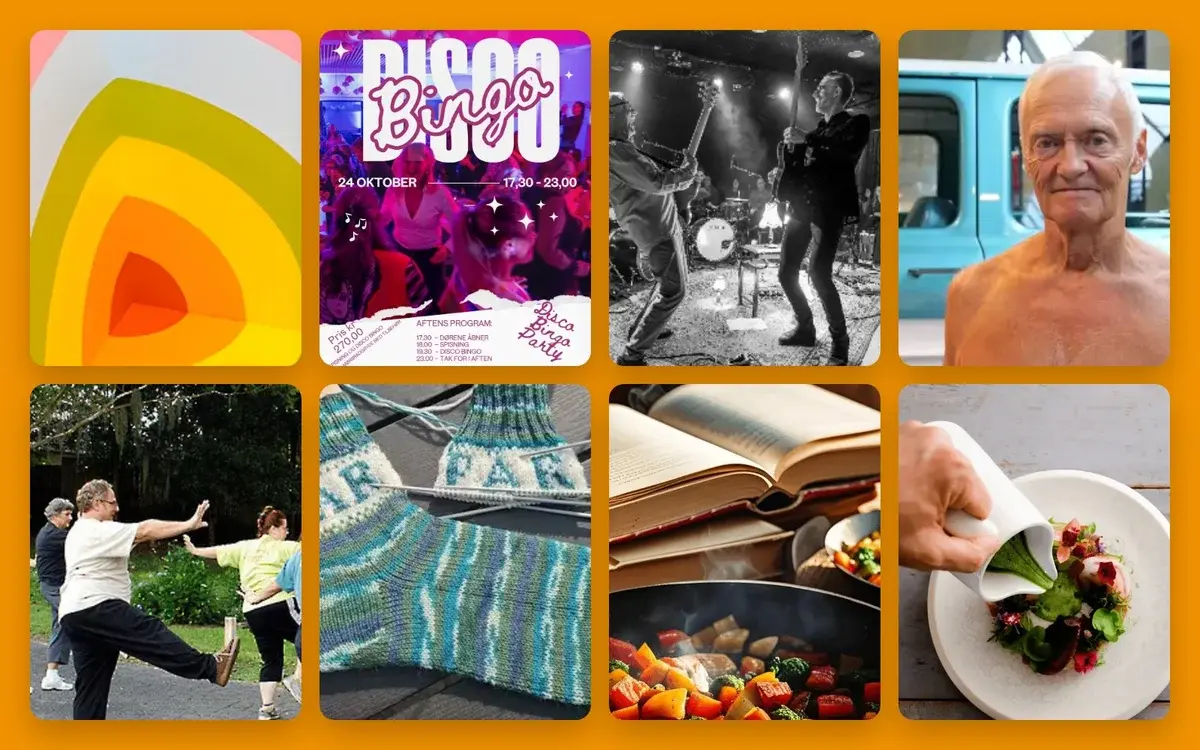 A collage showing a bingo party poster, musicians, exercise, knitting, reading, and food preparation.