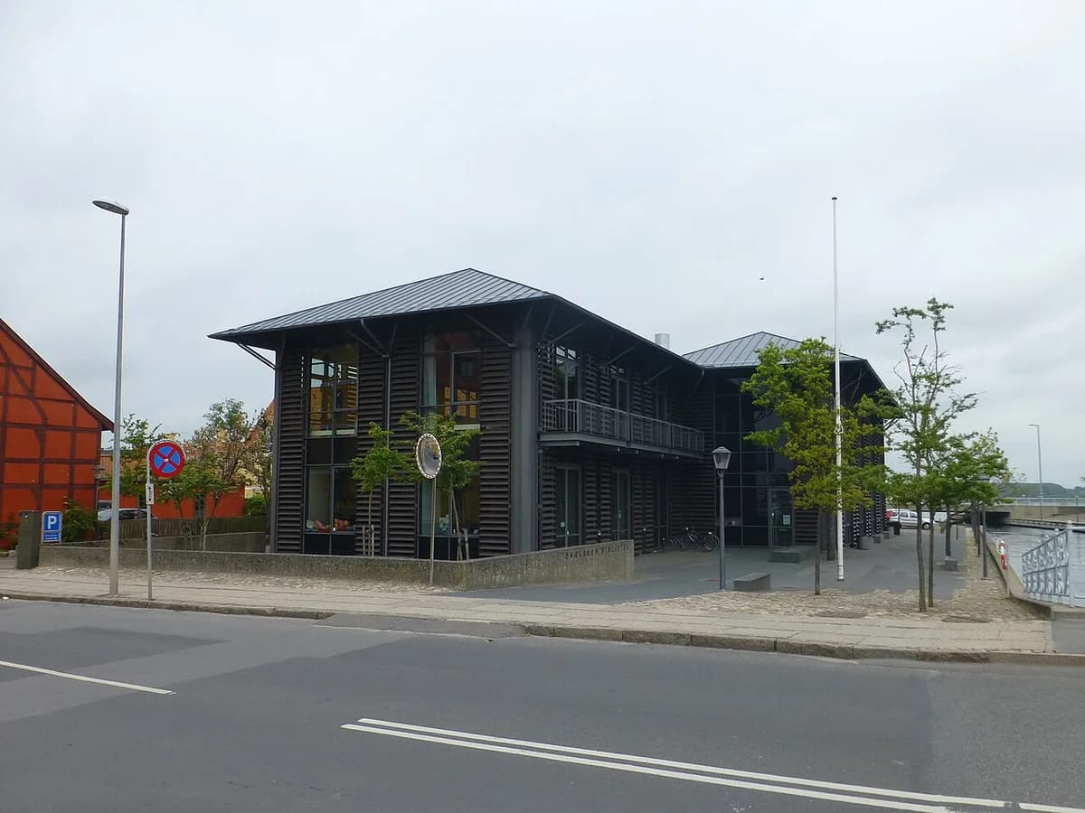 Exterior view of the Skælskør Library building beside a street.