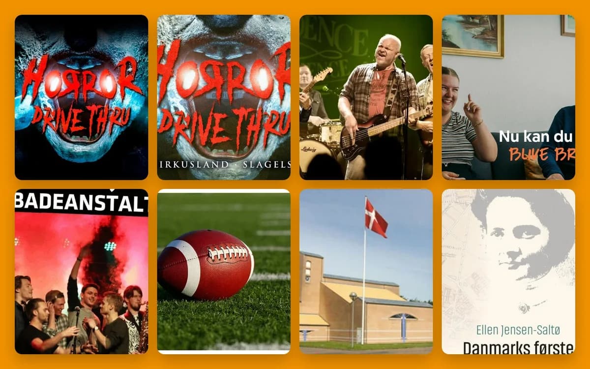 A collage featuring horror posters, a band, a football, and a Danish flag.
