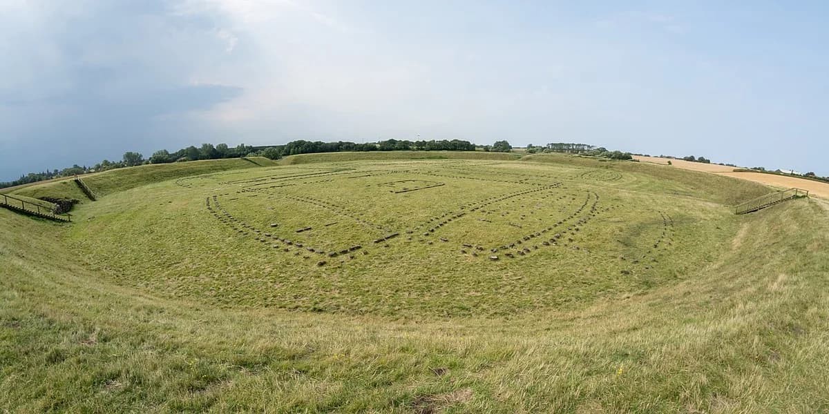 Aerial view of Trelleborg Viking ring fortress earthworks in Denmark