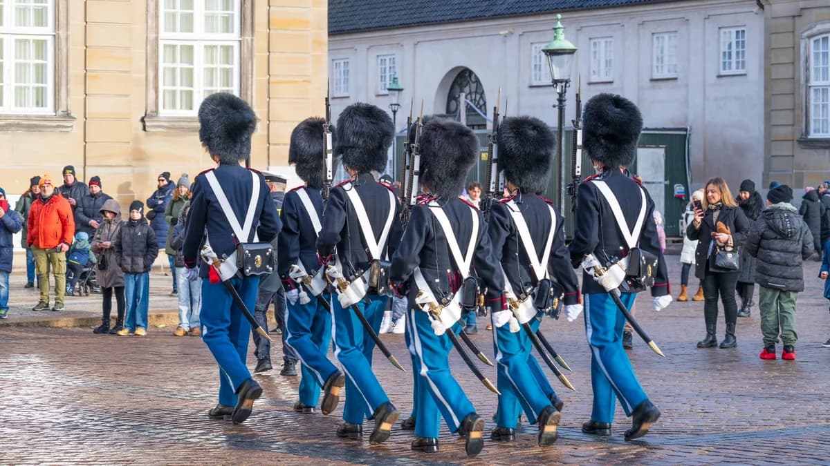 Danish royal guards marching during the changing of the guard at Amalienborg