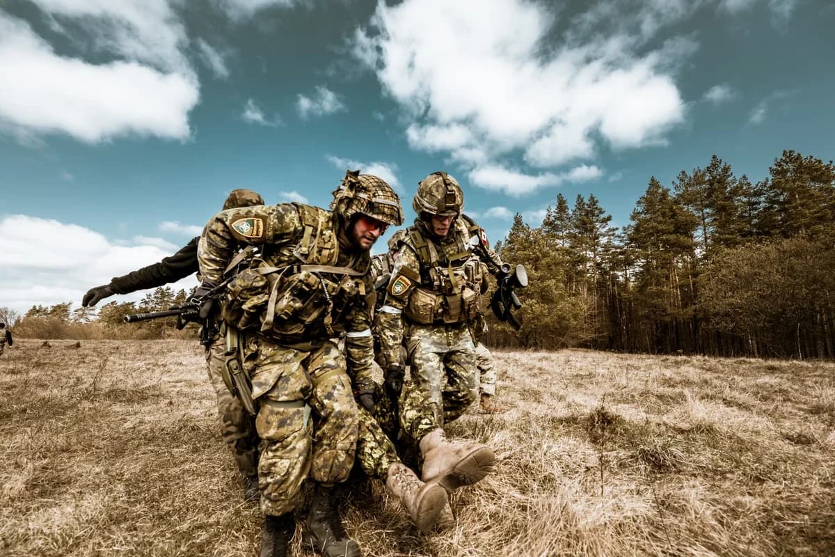 Soldiers carrying a person across a grassy field during a rescue operation.