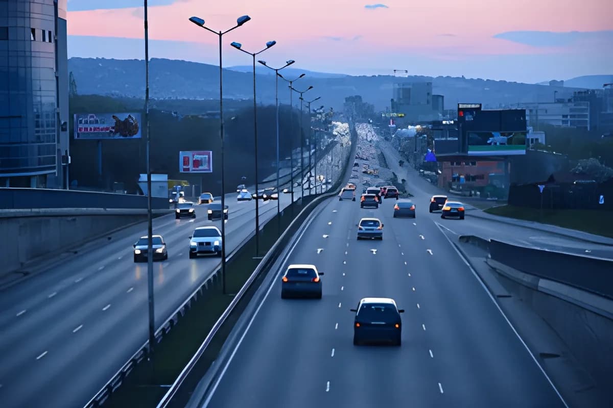 city highway with evening traffic and street lights