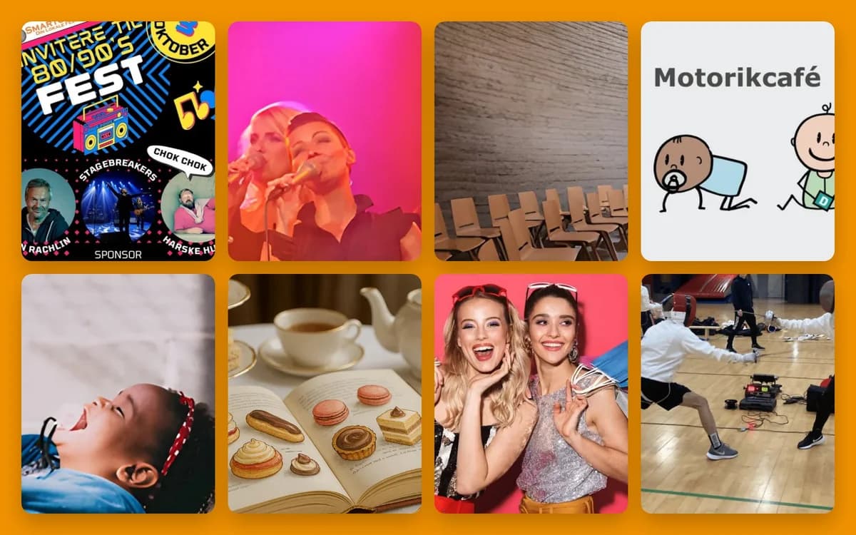 A collage with posters, performances, illustrations, and sports scenes.