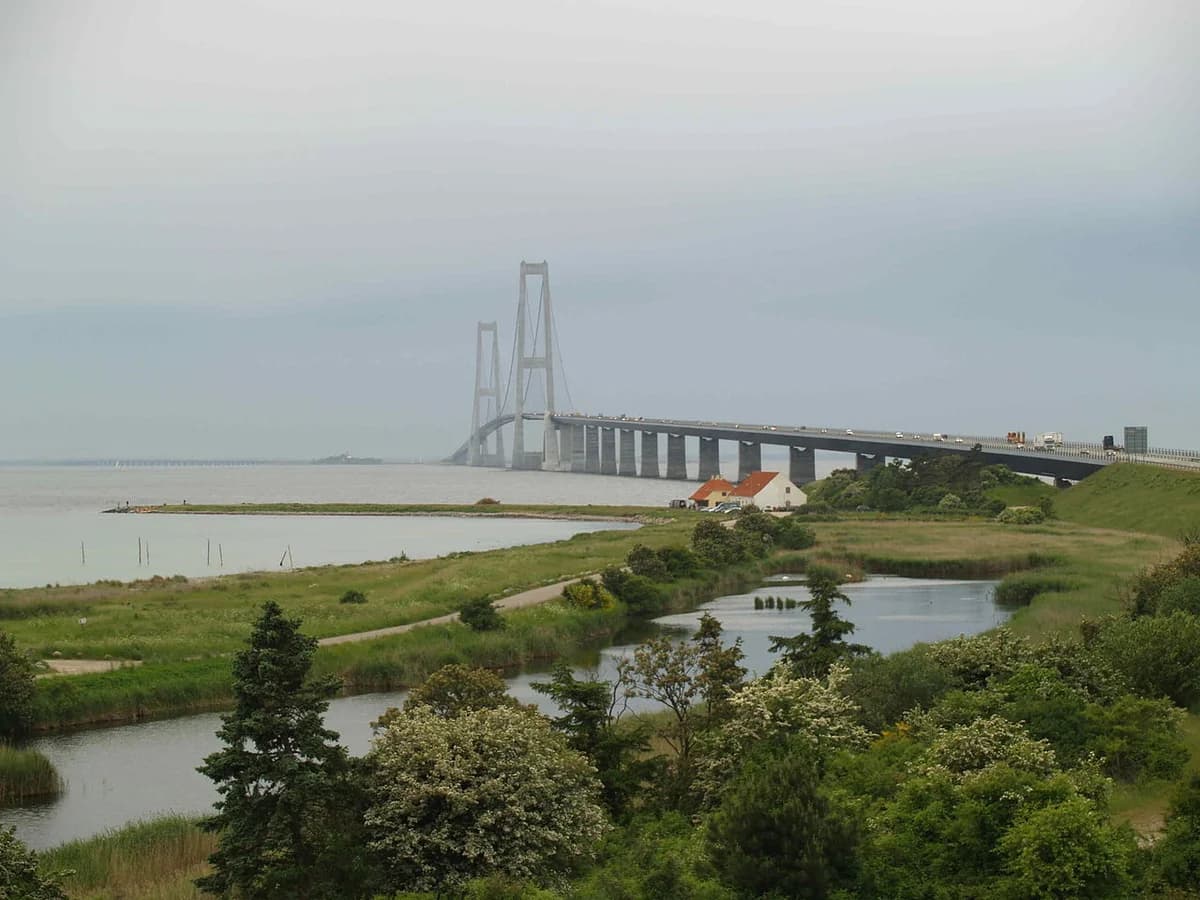 Great Belt Bridge stretching over water from a grassy coastline with small houses
