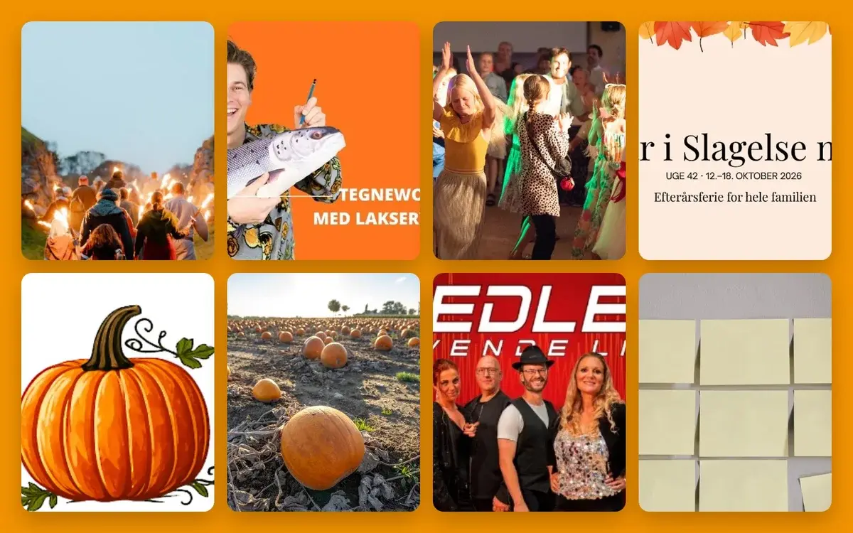 A collage showing autumn scenes, a fish presentation, a party, a poster, a pumpkin illustration, a pumpkin field, a group photo, and sticky notes.