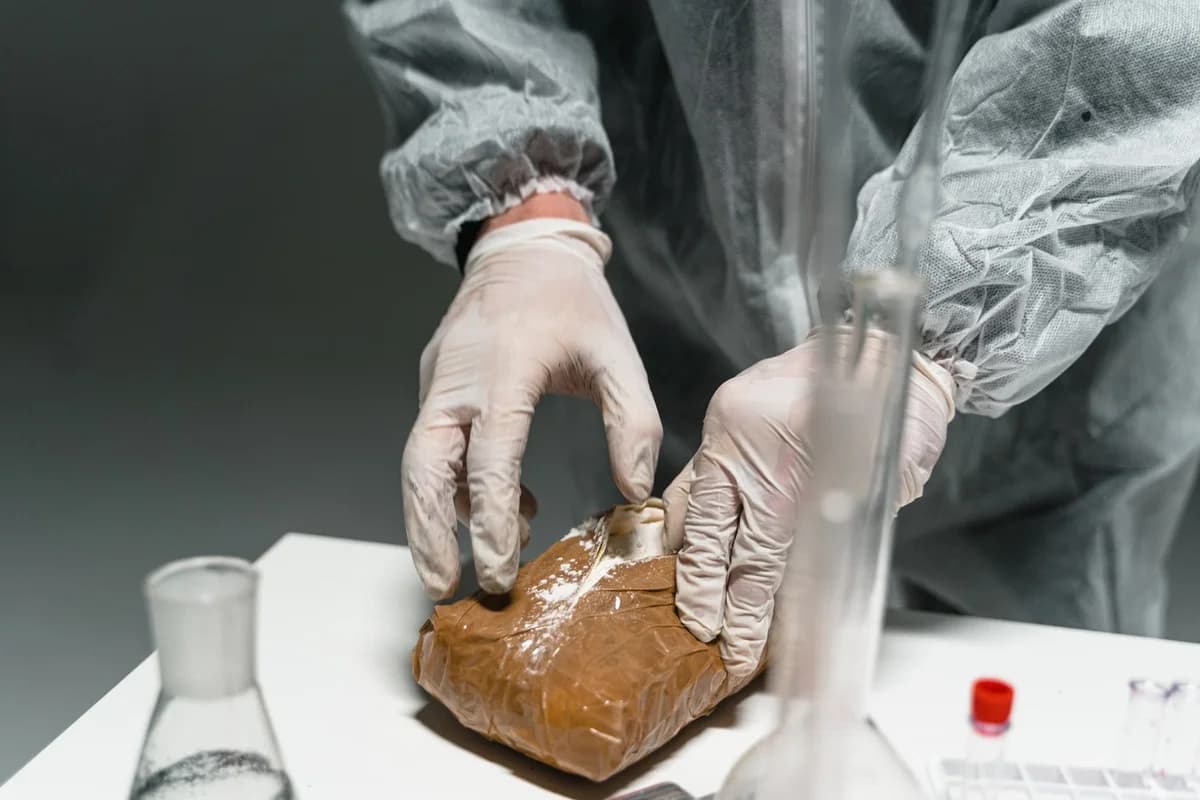 Lab technician handling sealed brown package with powder