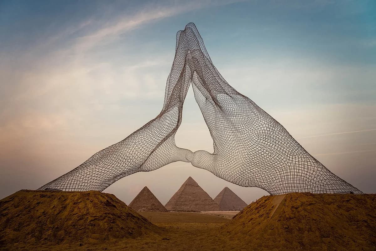 Wireframe sculpture of hands framing the Pyramids of Giza during sunset