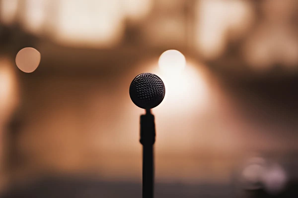 Close-up of microphone with warm stage lights