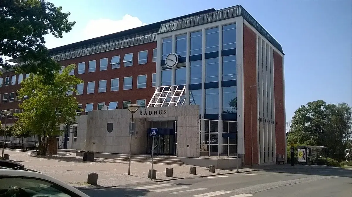 Slagelse town hall building with clock on a sunny day